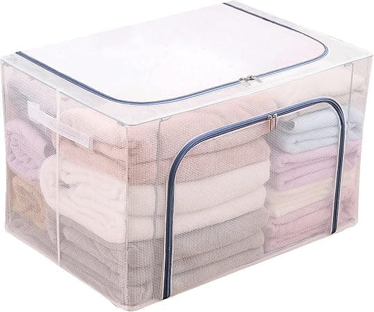 Foldable Clothes Storage Bin – Clear Storage Bag with Double Zipper, Metal Frame and Carry Handles; Waterproof Organizer for Blankets, Clothes, Bedding Supplies, Ideal for Closet Space Saver.