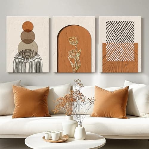 Boho Wall Art for Living Room Bedroom - Set of 3 Piece Framed Canvas Paintings Artwork for Walls, Neutral Beige with Fall Orange Bohemian Geometric Prints for Farmhouse, Kitchen, Office Wall Decor