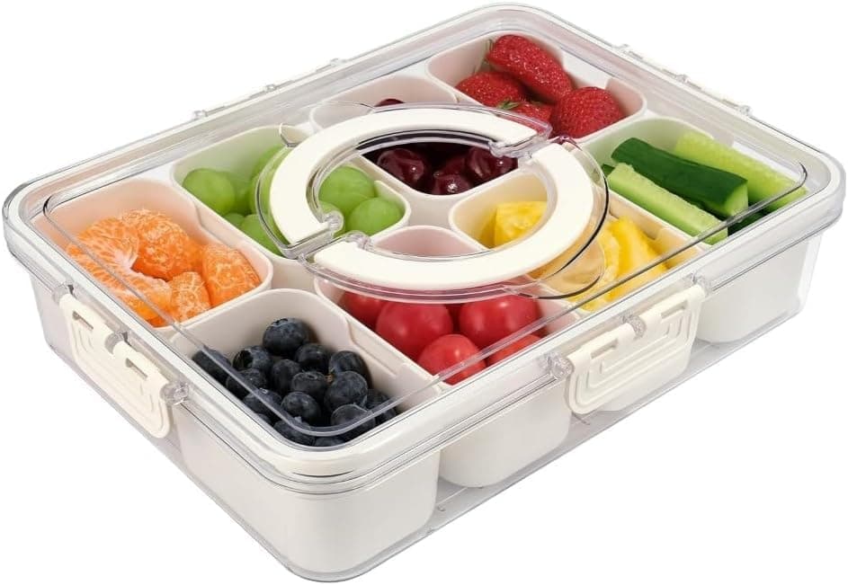Acrylic Refrigerator Organizer Clear Fruit Vegetable Storage Box with 4 Internal Strainers Airtight Lid Top Handle and Included Fruit Forks Spoons Food storage container