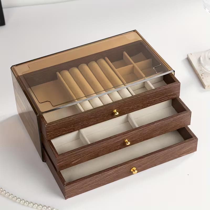 Three-Layer Wooden Accessories Storage Box with Drawers for Organizing Rings and Watches with Transparent Lid
