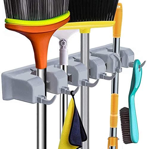 Volo Plastic Broom Organizer Non-Slip Mop Holder Wall Mount With 5 Position & 6 Hooks, Storage Solutions For Broom Holders, Broom Organizer For Garage Shelving.(Grey, Pack Of 1) - Hanging Shelves Storage rack
