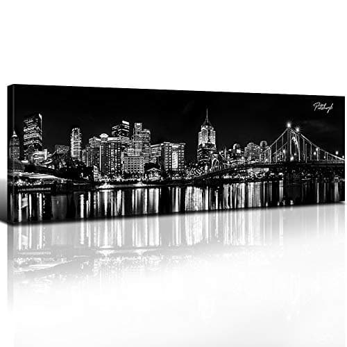 Pittsburgh Pennsylvania Skyline Wall Art Cityscape Panoramic Night View Canvas Prints Black and White Skyscraper Urban Landscape Painting Pictures for Bedroom Modern Artwork Home Decorations 12x36”x1