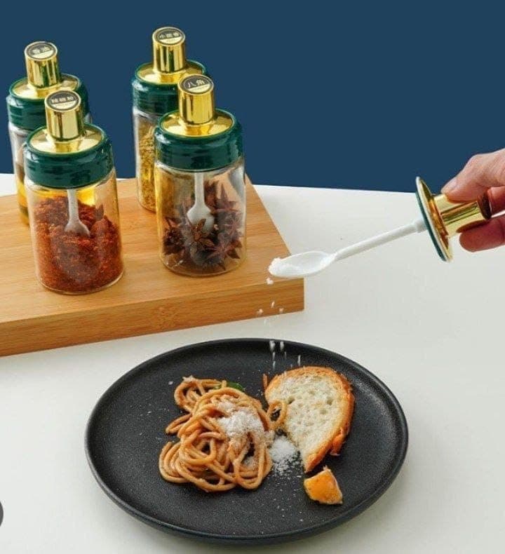Generic Glass Spice Jar Set with Spoons and Bamboo Base, 4 Jars, 250ml, Green and Gold Lid, .bI Food storage container