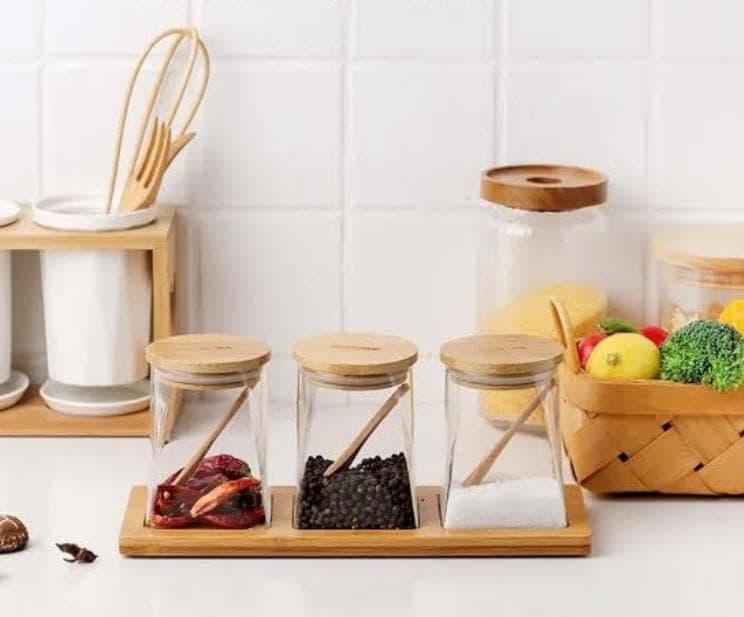 Generic Spice Jar Set, Pyramid Shape, 350 ml, with Lids, Wooden Spoons and Base, 3 Pieces, .F