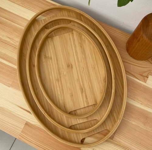 Generic Oval Serving Tray Set, 3 Pieces in Assorted Sizes, Natural Wood Finish, .ht