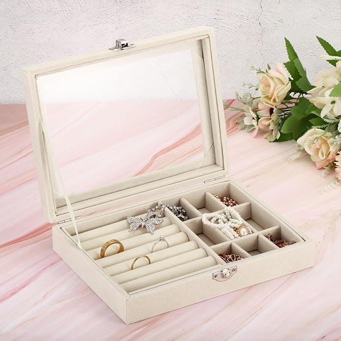 Elegant Velvet Glass Jewelry Box – Portable Ring & Earring Organizer, Small Travel Case for Rings, Necklaces & Bracelets, Elegant Jewelry Storage for Women Gifts (Beige)