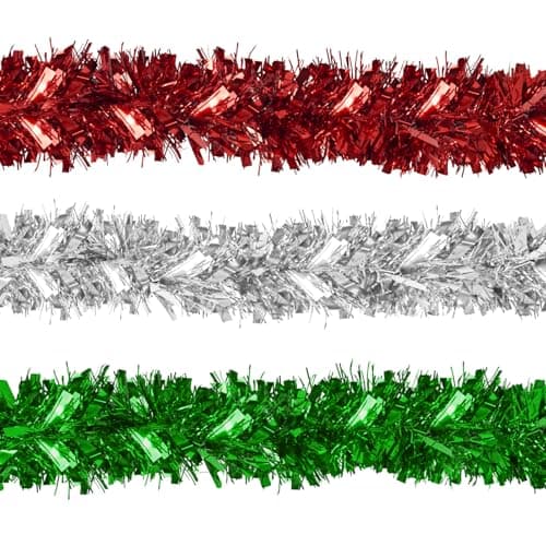 Miyukyee 3 Pcs 198 Ft Christmas Tinsel Garland Red Green Silver Christmas Metallic Twist Garland Xmas Tree Decorations for Holiday Wedding Indoor Outdoor Home