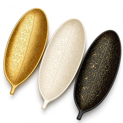 Leaf Shaped Decorative Serving Trays Set of 3, Gold, Ivory & Black | Wooden Material, Embossed Floral Pattern, For Dates & Sweets, Nuts & Snacks Display, Home Decor Tray