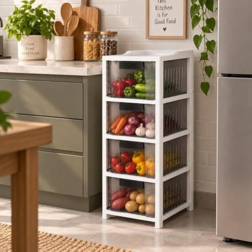 4-Tier Vegetable Storage Organizer with Transparent Drawers, Ventilated Side Panels, Easy-Pull Handles, Space-Saving Kitchen Storage Rack for Fruits, Vegetables & Pantry Essentials, Fame