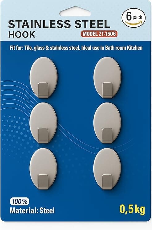 Heavy-Duty Steel Adhesive Hooks (Model ZT-1506) – Pack of 6, Rustproof Wall Hooks for Bathroom, Kitchen, and Office, Up to 0.5 kg Load, No-Drill Self-Adhesive Design (Oval, 1) Storage hook