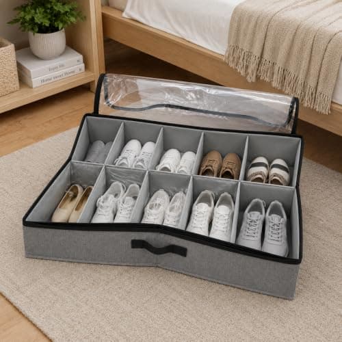 Multipurpose Under Bed Shoe Storage Organizer 12 Compartments Foldable Box with Transparent Cover, Dustproof Easy Pull Handle Space Saving Closet Bedroom Home Organizer Grey Finish Storage Grey