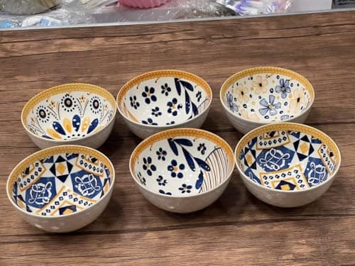 Ceramic Bowls Set, 6-Piece, Blue and Yellow Andalusian Pattern, White. Dishware bowl