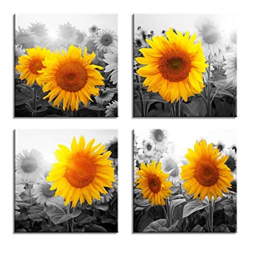 Visario Canvas Picture 4-Piece 60 x 60 cm 6614 Sunflowers Yellow Flowers on Black and White Wall Picture Set 30 x 30 cm Ready Stretched on Wooden Frame