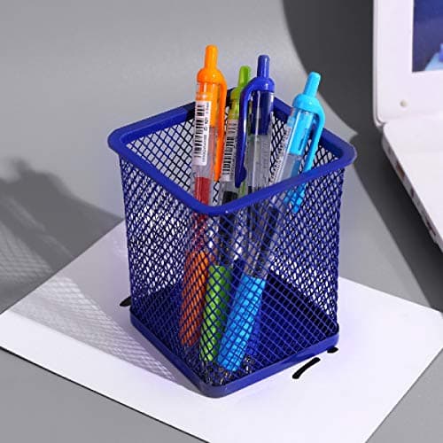 OLWICK® 1 Pcs Metal Mesh Pen Pencil Holder, Office Supplies Pen Organizer Colorful Pencil Holder Desk Organizer Decoration Pen Pencil Cup (SQUARE-BLUE) Caddy