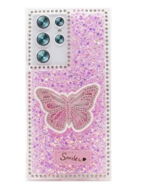Butterfly Crystal For (Samsung S22 Ultra) Protective Case Glittery Back Cover Rhinestone Frame For Girls Shockproof Protection For Girls (Pink) Cellular phone case