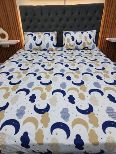 Generic Cotton Fitted Sheet with Moon and Cloud Print, White, Blue and Beige, 180 cm, Fits Mattresses up to 30 cm, Includes Pillow and 2 Cushions, .reh