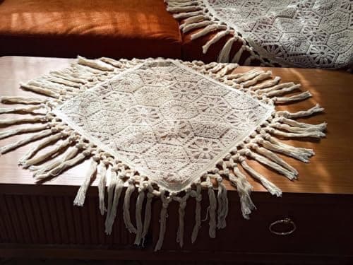 Handcrafted Crochet Square Tablecloth with Fringe, Cream, Boho Style, 50x50 cm, .kl