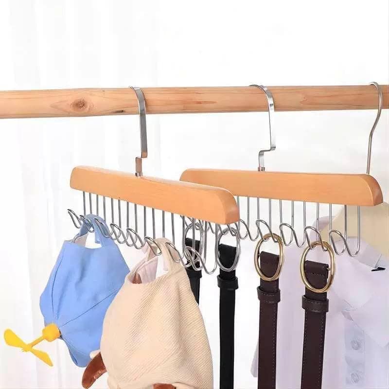 Wooden Clothes Hanger with 8 Hooks – Practical Wall Hanger for Organizing Clothes and Bags – Durable Design for Home and Office AR