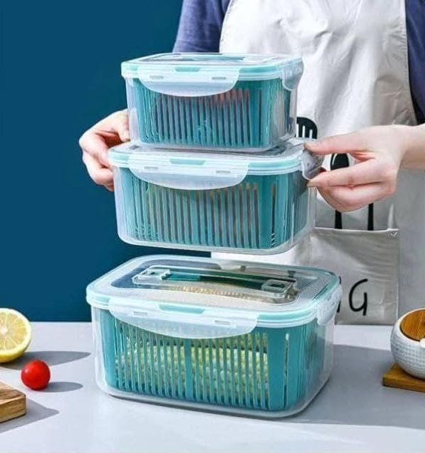 Generic Refrigerator Container Set, 5-Piece, Plastic, with Drainer, Airtight Sealed Lid, Ventilation Holes, Dishwasher Safe, Various Sizes, .ht