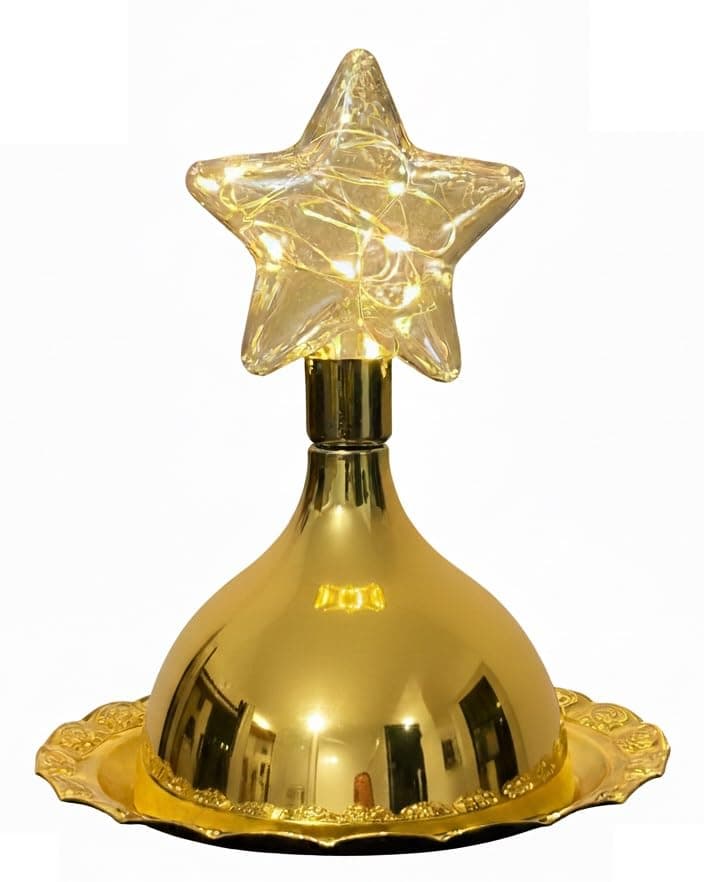 Stellar Stores Ramadan Golden Metal Round Tray with LED Decorative Lantern Dome Shaped, Multipurpose Tray for Dates, Mini Cake, Candy, Nuts, Almonds