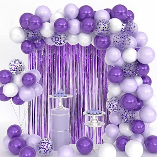 JOYYPOP Purple Balloon Garland Kit with White Balloons, Purple Tinsel Curtain for Wedding Birthday Party Decorations Party decoration pack