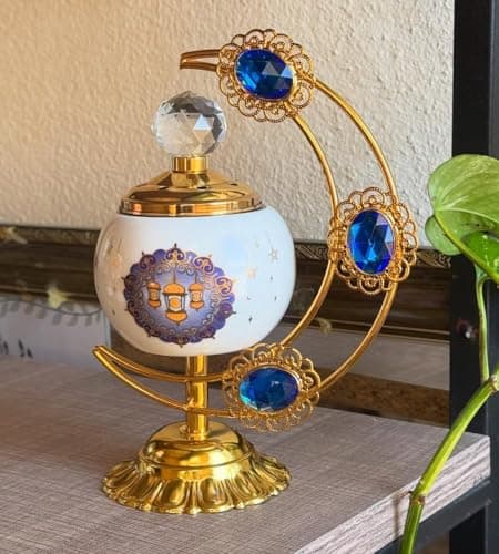 Generic Charcoal Incense Burner, Decorative Globe Style with Gold Metal Stand, Blue Crystal Accents, Arabic Lantern Design