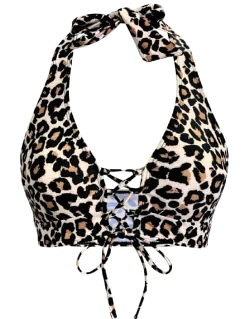Women Leopard Print Tie Front Backless Swim Top Summer Beach Vacation Swimwear CODE7715