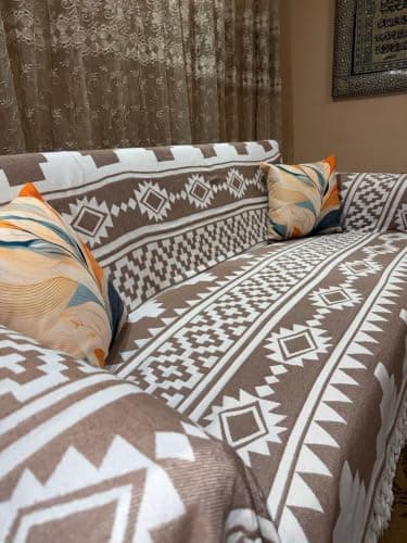Generic Sofa Blanket with Tassels, Beige, Geometric Pattern, 240x260 cm, .Ims