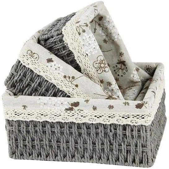 Wicker Rattan Storage Baskets 3 Piece Set with Linen Lining Home Organizer