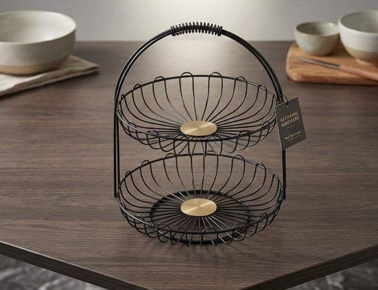 Generic Two-Tier Metal Fruit Basket Stand, Black with Gold Accents, Kitchen Counter Organiser, .ar Storage rack