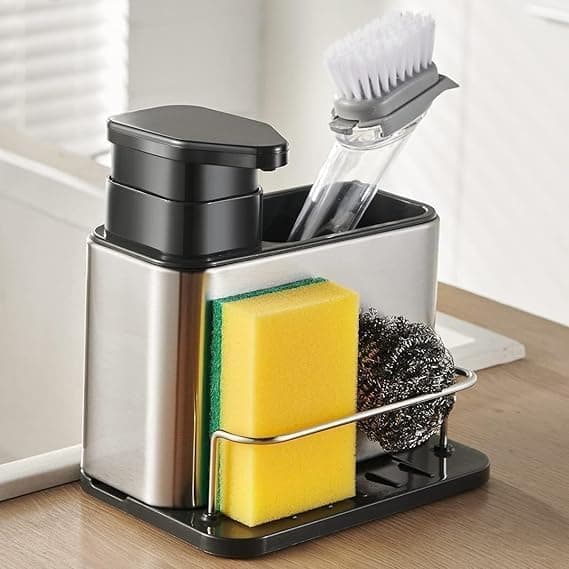 3-in-1 Metal Soap Pump Dispenser with Sponge Holder Caddy for Kitchen Sink