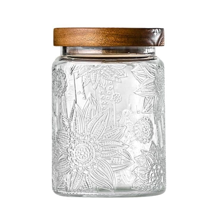 Decorative Glass Storage Jar with Wooden Lid, Embossed Floral Pattern, Clear Food storage container