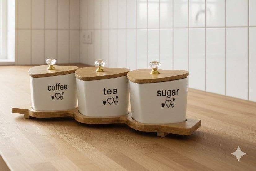 Generic Heart-Shaped Porcelain Canister Set with Bamboo Lids and Wooden Tray, Coffee Tea Sugar Storage Jars, 3-Piece Set, White .suw