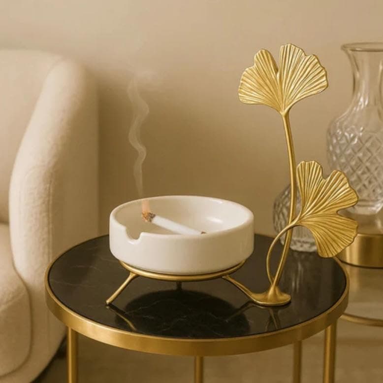 Generic Ashtray with Gold Metal Holder Stand, White Round Ash Tray, Elegant Home Décor Accent, .kI