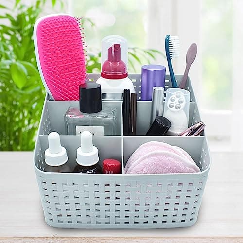 PrimeShop Plastic Makeup Organizer Storage Basket Makeup Table Tool Sorter with 5 Pieces for Work Desks Bathroom Kitchen White Cream 140 * 145 * 180mm Item container