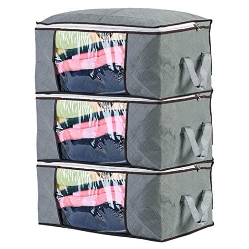 AMERTEER Zippered Storage Bag for Closet King Comforter, Pillow, Quilt, Bedding, Clothes, Blanket Organizers with Large Clear Window & Carry Handles Space Saver (3 Pcs Grey Large)