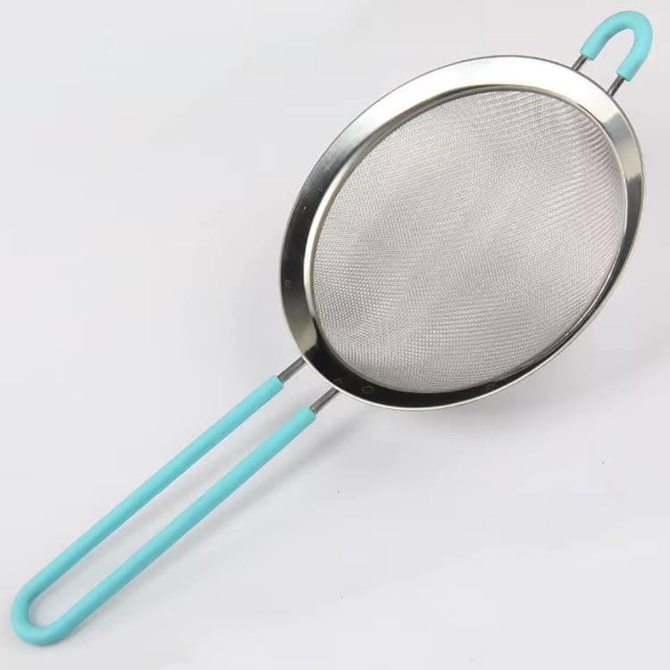 Fine Mesh Strainer with sky blue Silicone Handle, Stainless Steel, Multi-Purpose Kitchen Sieve for Tea, Coffee, Juice, Baking, sky blue (22 cm) Food strainer