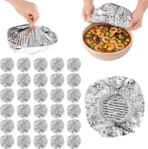 30 Pcs Reusable Aluminum Foil Food Covers, Silver Foil for Food Packing, Universal Food Wrapping Storing Covers, Kitchen Heat Shield Lids Silver Paper for Bowls Plates
