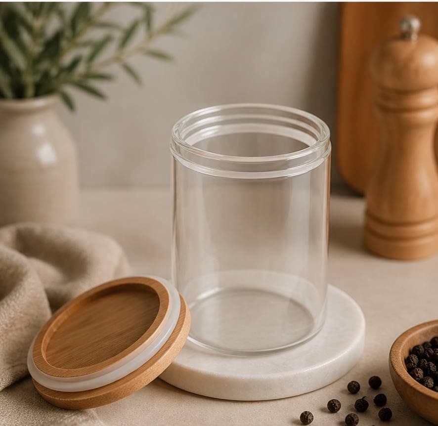 Generic Acrylic Storage Jar with Wooden Lid, Round Spice Canister, 8x8x10.8 cm, .hg