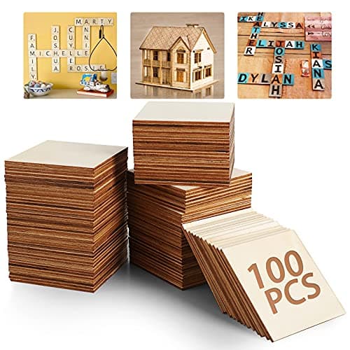 Unfinished Wood Board - 100Pcs 3 x 3in Blank Natural Slices Wood Square for DIY Crafts Painting, Scrabble Tiles, Coasters, Pyrography, Decorations