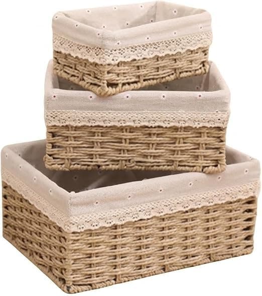 3 Piece Rattan Basket Set for Home Storage and Organization with Embossed Linen Cover, Joubir Knar and Rattan Covered Metal Legs A Storage box