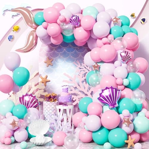Mermaid Theme Balloon Arch Kit, 108 Pcs Pastel Purple Pink Balloon Garland Matte Teal Latex Balloons with Rose Gold Tail Star Shell Foil Balloons for Girls Mermaid Birthday Party Decorations