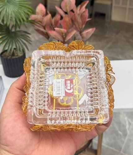 Generic Glass Ashtray with Gold Metal Stand, Square Shape, Clear and Gold, Decorative Style, .soh