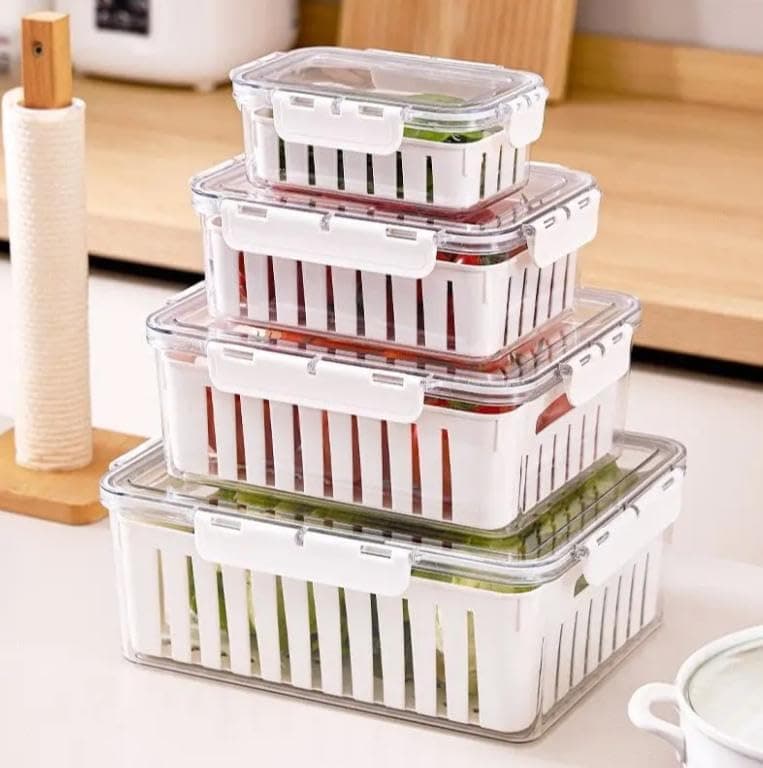 Generic Fridge Produce Storage Container Set with Inner Drainer Basket, Airtight Lid, 6 Pieces in Assorted Sizes, .rom Food storage container