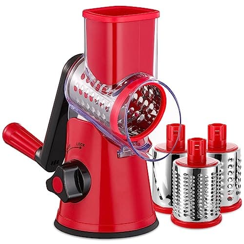 LucGee Rotary Cheese Grater with Handle - 3 in 1 Cheese Shredder Rotary Grater Stainless Steel Handheld, Vegetable Slicer for Fruit, Cheese, Nuts(Red) Food grater