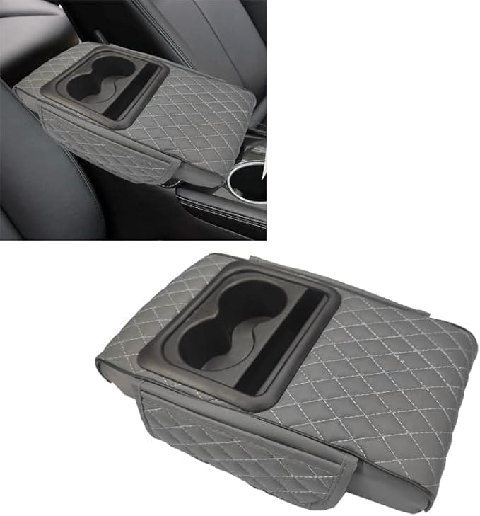 Padded armrest with built-in cup holders, multi-color storage bag, small organizer for hands-free driving and comfort (gray)