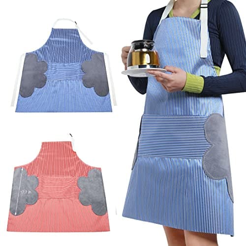 Fresh Adjustable Collar Kitchen Apron With Pockets - With Hand Wiping Plush Towels Durable Waterproof Design - Striped - Korean Design (Blue)