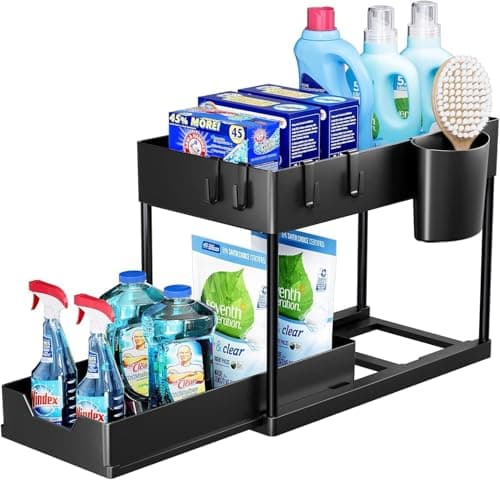 2-Tier Multipurpose Sliding Storage Organizer with Pull Out Drawer, 4 Hanging Hooks, Bonus Cup for Bathroom, Kitchen, Countertop, Under Counter, Black