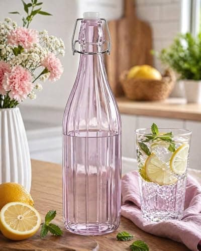 Generic Pink Glass Water Bottle with Clip Lid, 1000ml, Ribbed Style, .sew