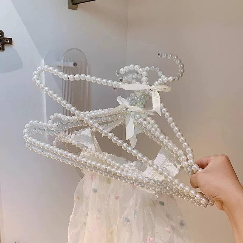 Generic Pearl Bead Clothes Hanger with Satin Bow, White, Decorative Style, 2 Pack, .ash